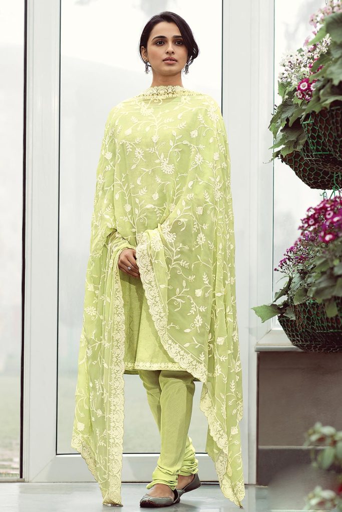 Woven Silk Churidar Suit with Embroidery
