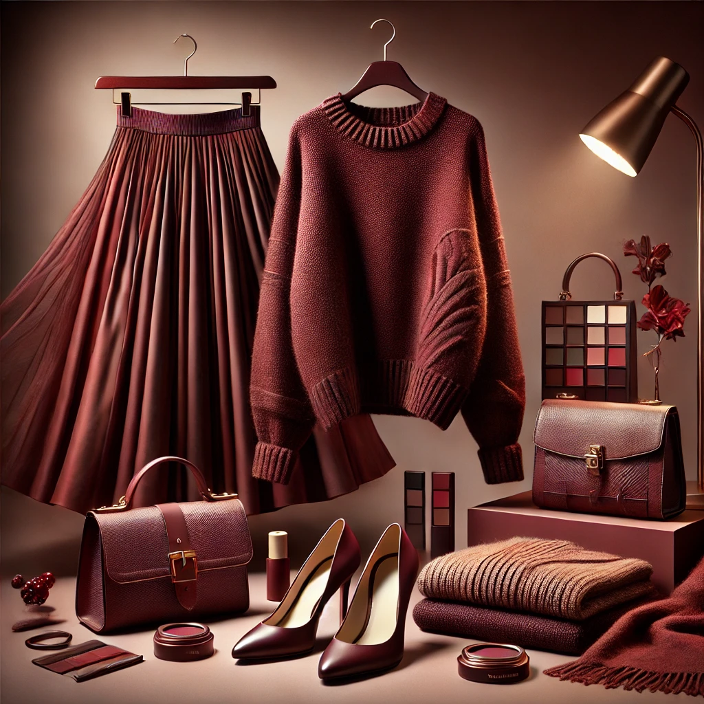 Fashion items in rich burgundy color tones