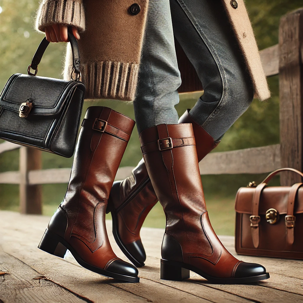 Leather riding boots styled with fitted jeans