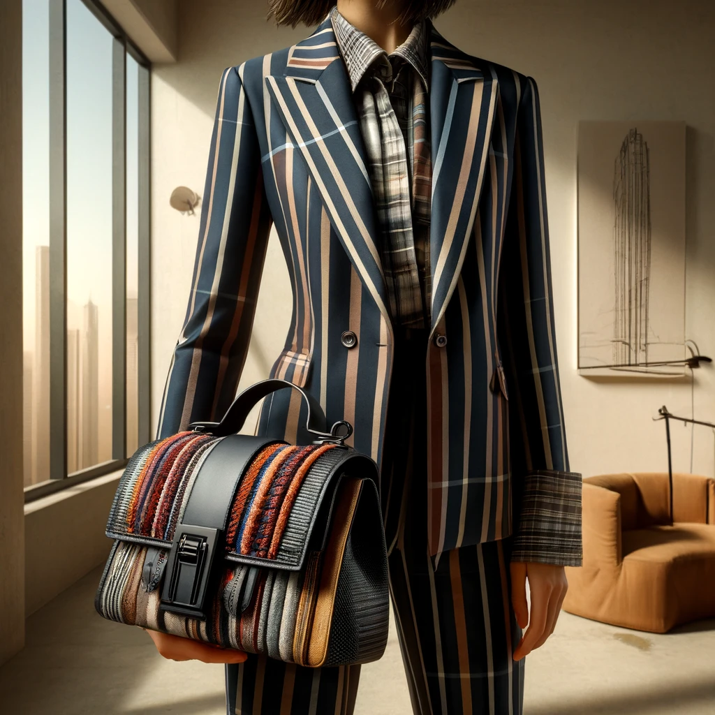 Pinstripe power suit styled with statement bag and flannel shirts