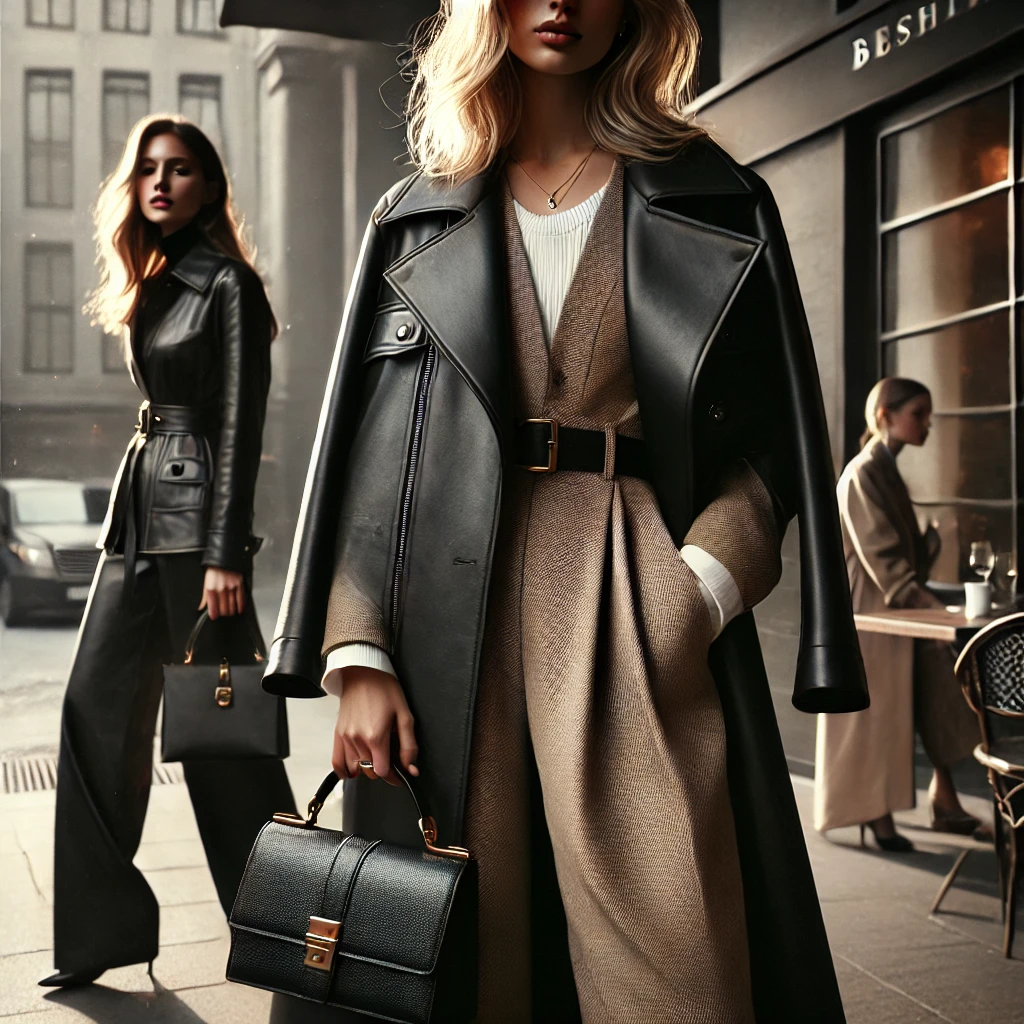 Fashion ensemble featuring midi coats, leather jacket, and wide-leg trousers