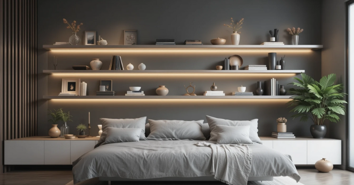 Seasonal decor on floating shelves