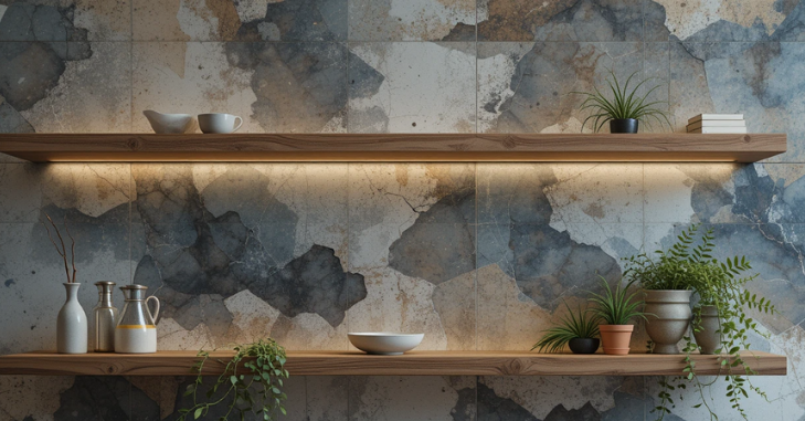 Mixed textures on floating shelves