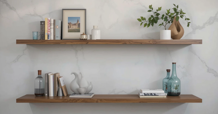 Styled long floating shelves